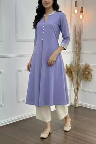 Purple cotton embroidered Kurta Set