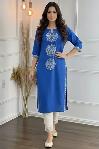 Blue cotton embroidered Kurta Set