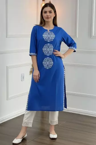 Blue cotton embroidered Kurta Set