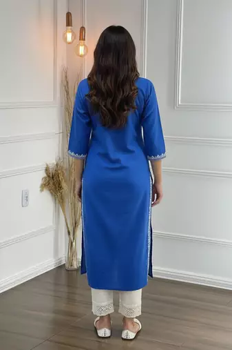 Blue cotton embroidered Kurta Set