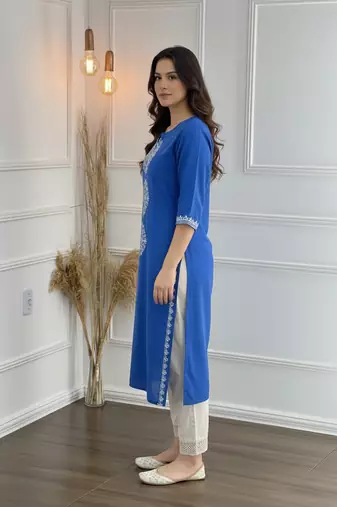 Blue cotton embroidered Kurta Set