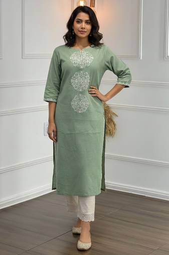 Green cotton embroidered Co-ord set 