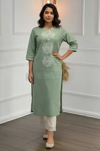 Green cotton embroidered Co-ord set 