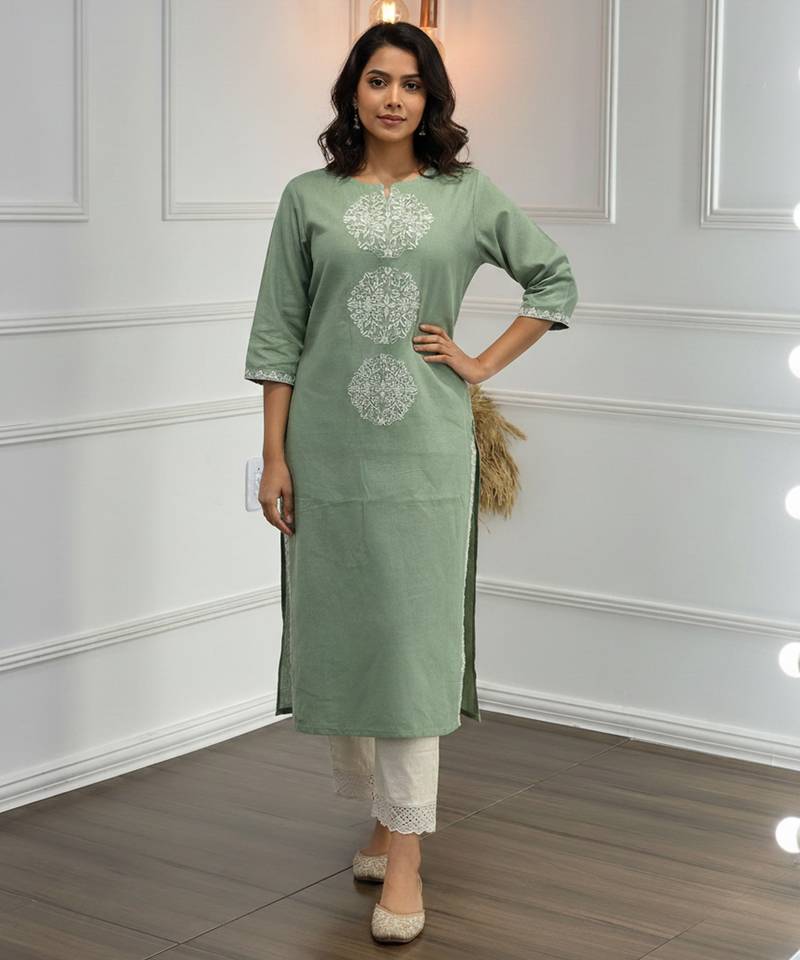 Green cotton embroidered Co-ord set 