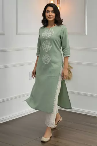 Green cotton embroidered Co-ord set 