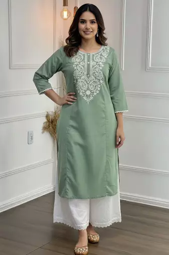 Green cotton embroidered Kurta Set