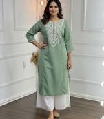 Green cotton embroidered Kurta Set