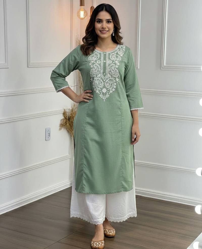 Green cotton embroidered Kurta Set