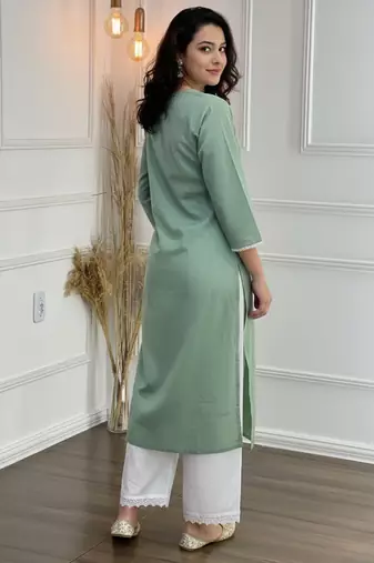 Green cotton embroidered Kurta Set