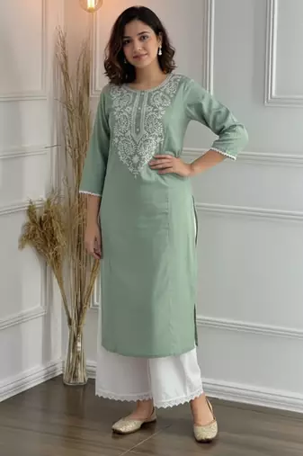 Green cotton embroidered Kurta Set