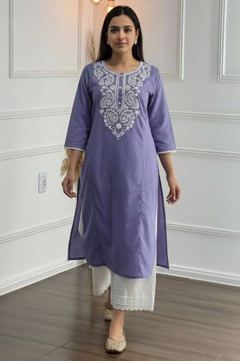 Purple cotton embroidered Kurta Set