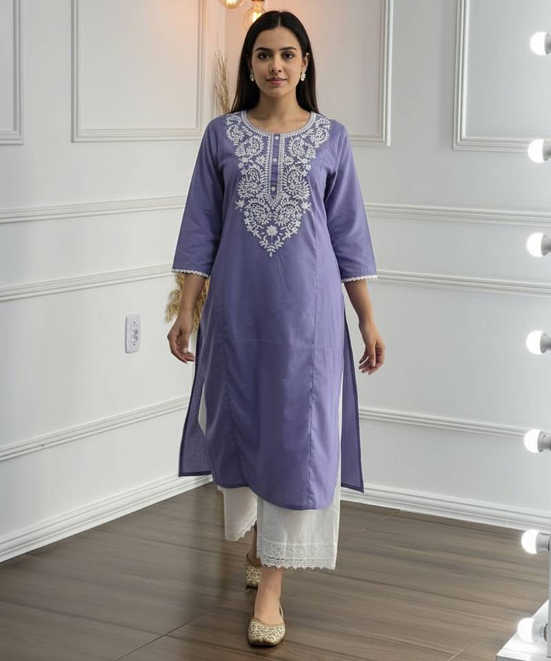 Purple cotton embroidered Kurta Set