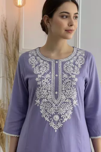 Purple cotton embroidered Kurta Set