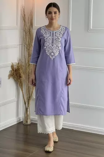 Purple cotton embroidered Kurta Set