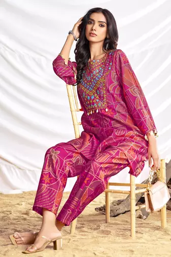 Pink cotton embroidered Co-ord set 