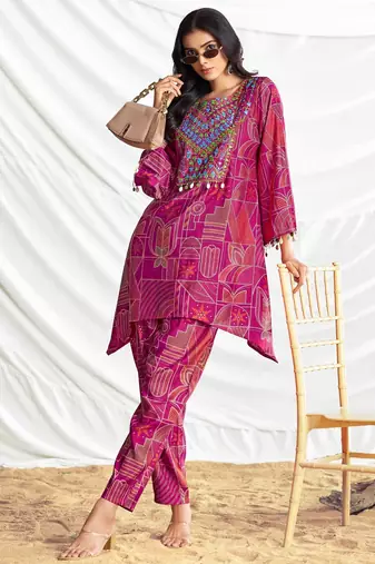 Pink cotton embroidered Co-ord set 