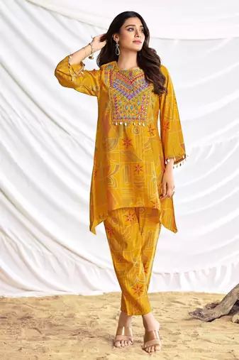Mustard cotton embroidered Co-ord set 