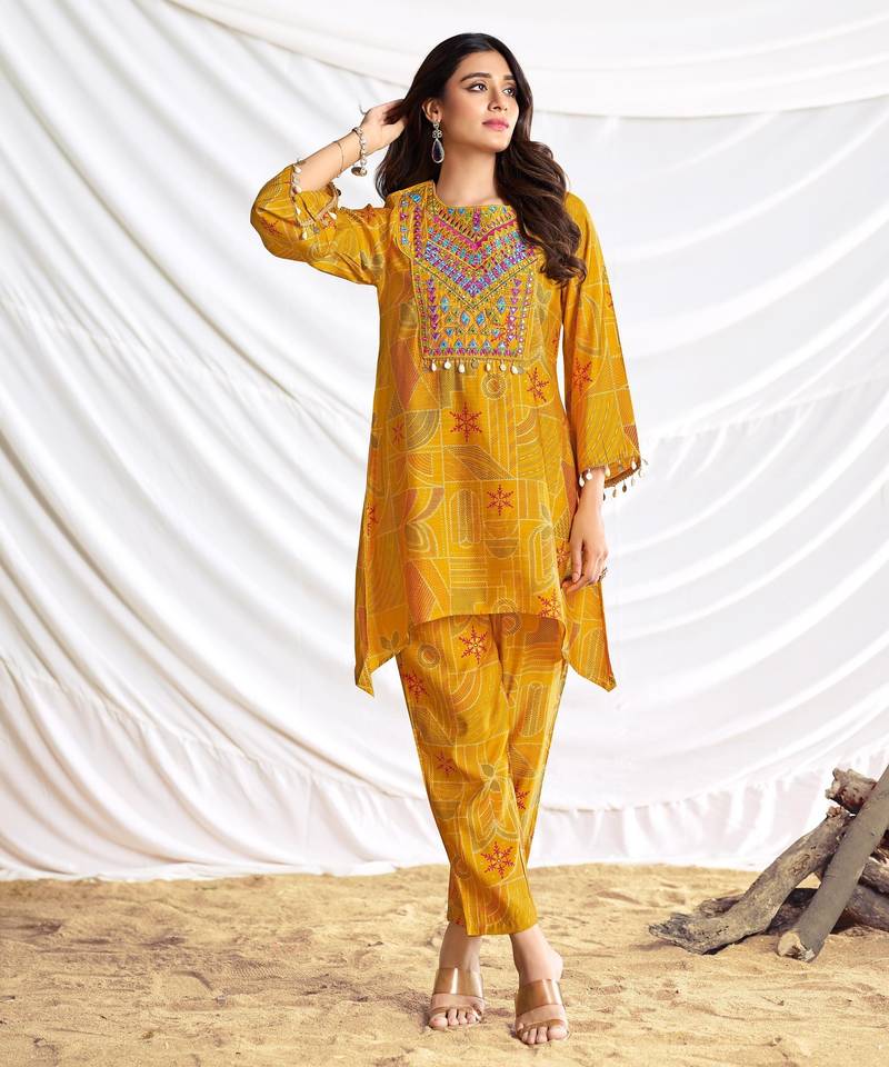 Mustard cotton embroidered Co-ord set 