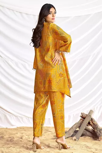 Mustard cotton embroidered Co-ord set 