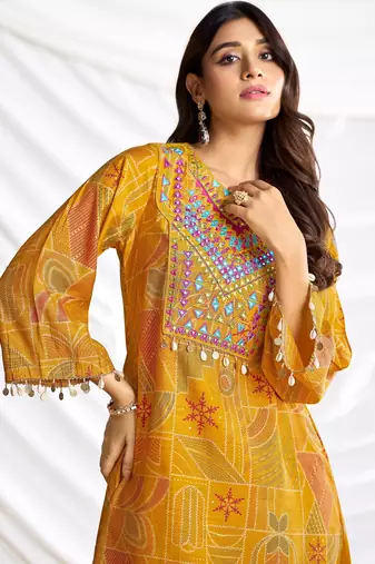 Mustard cotton embroidered Co-ord set 