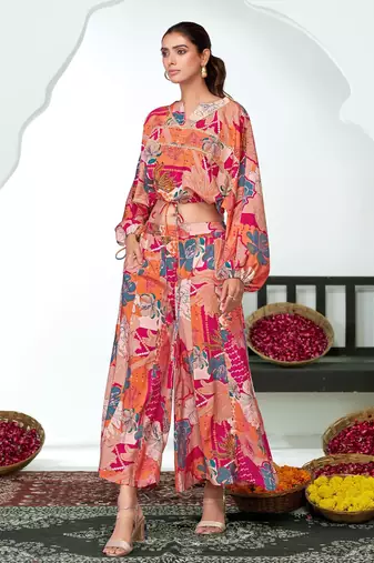 Pink chanderi embroidered Co-ord set 