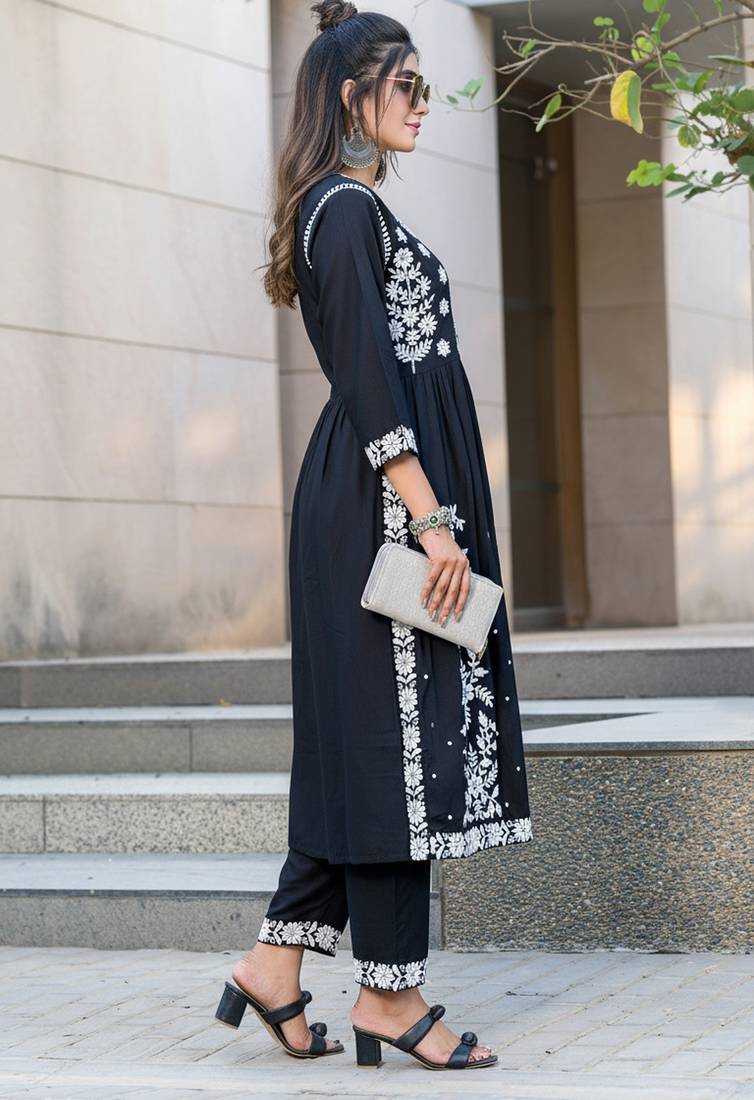 Black rayon embroidered Kurti
