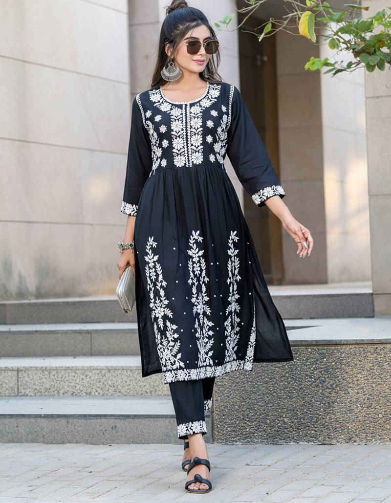 Black rayon embroidered Kurti