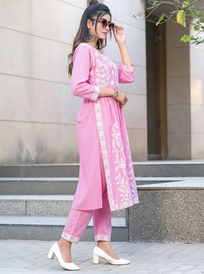 Pink rayon embroidered Co-ord set  3