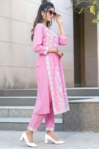 Pink rayon embroidered Co-ord set 