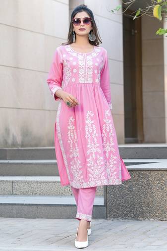 Pink rayon embroidered Co-ord set 