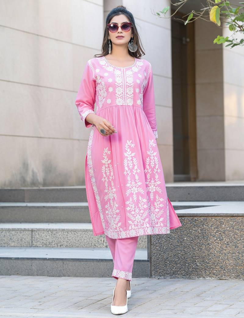 Pink rayon embroidered Co-ord set 