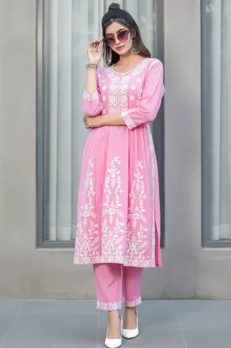 Pink rayon embroidered Co-ord set 