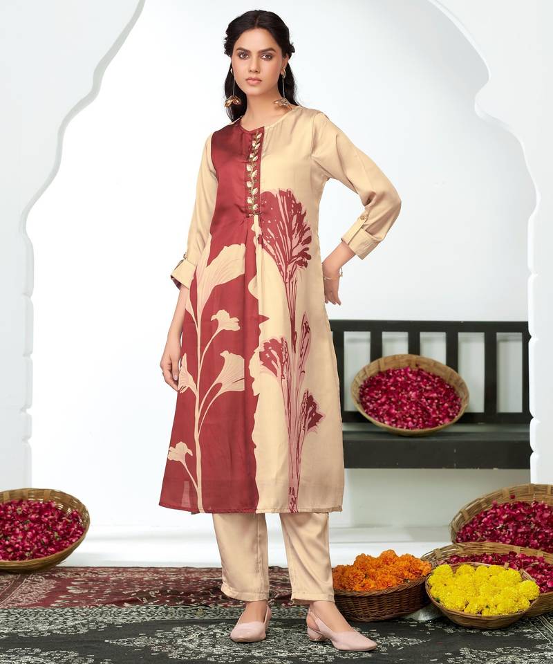 Brown silk embroidered Co-ord set 