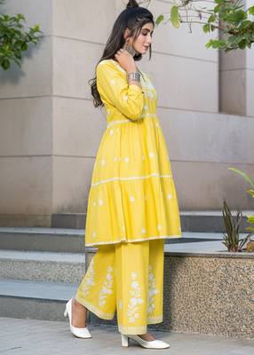 Mustard rayon embroidered Kurta Set 3