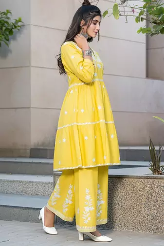 Mustard rayon embroidered Kurta Set