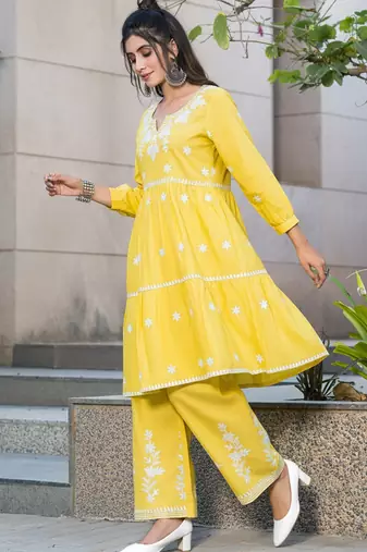 Mustard rayon embroidered Kurta Set