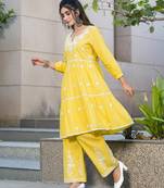 Mustard rayon embroidered Kurta Set