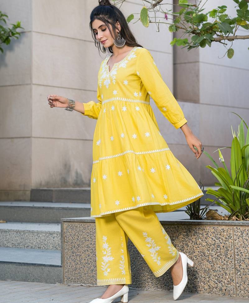 Mustard rayon embroidered Kurta Set