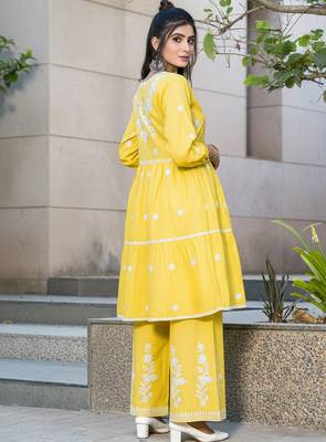 Mustard rayon embroidered Kurta Set 4