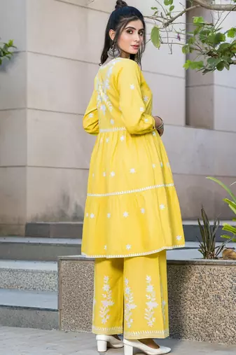 Mustard rayon embroidered Kurta Set