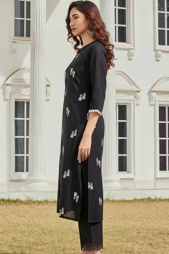 Black cotton embroidered Kurta Set