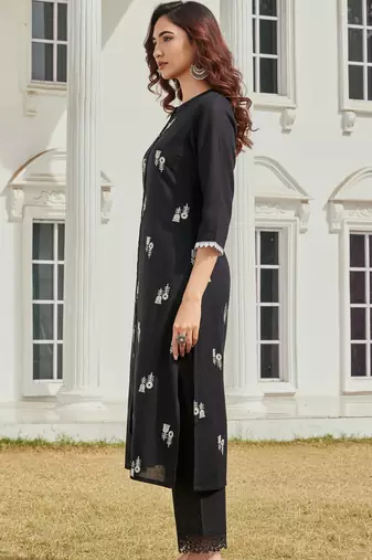 Black cotton embroidered Kurta Set