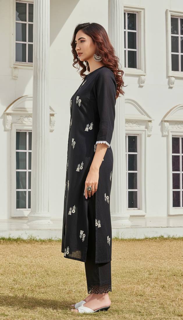 Black cotton embroidered Kurta Set