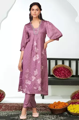 Lavender silk embroidered Kurta set
