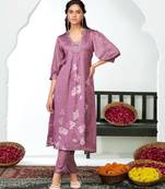 Lavender silk embroidered Kurta set