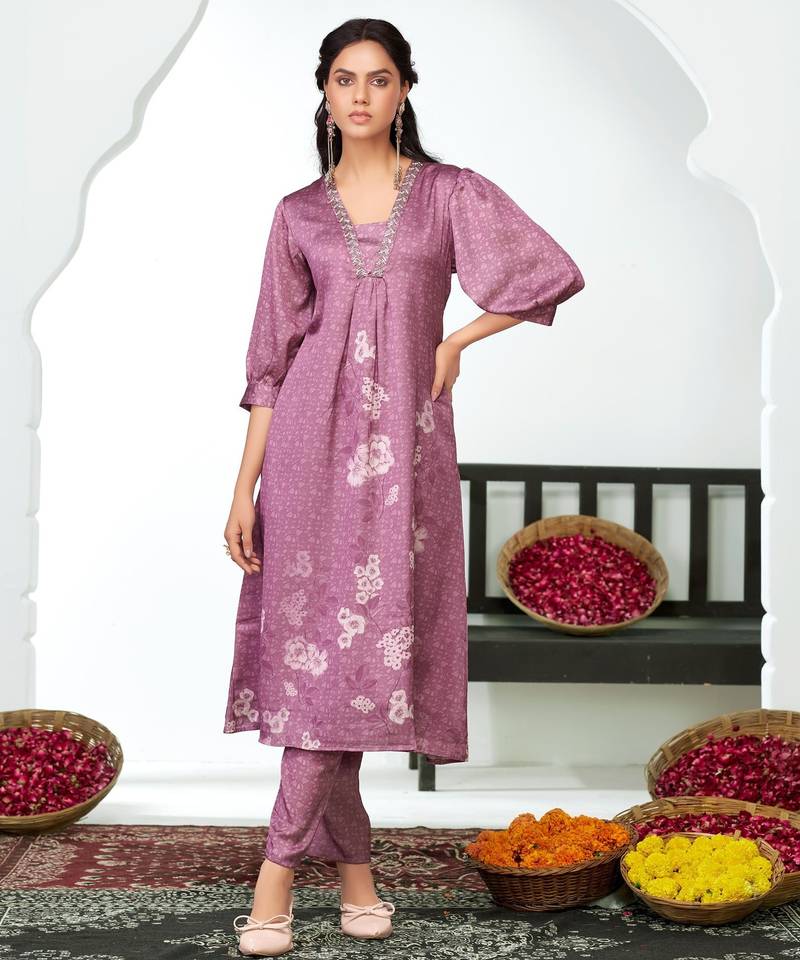 Lavender silk embroidered Kurta set