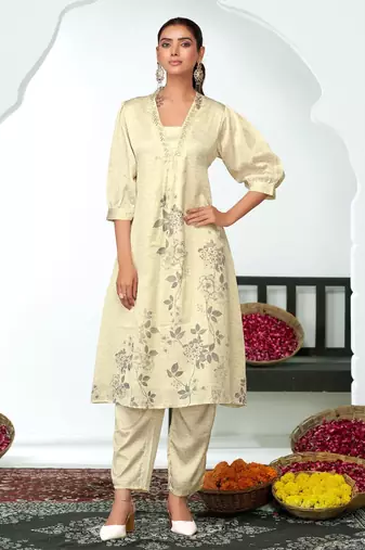 White silk embroidered Kurta Set