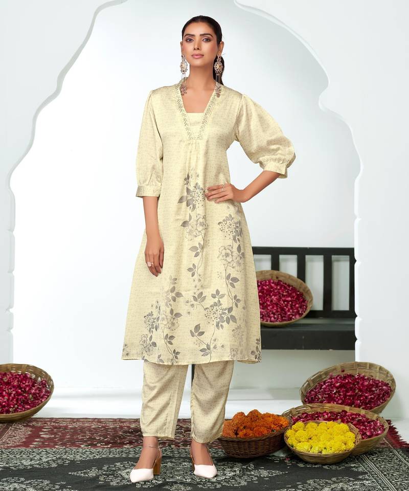 White silk embroidered Kurta Set