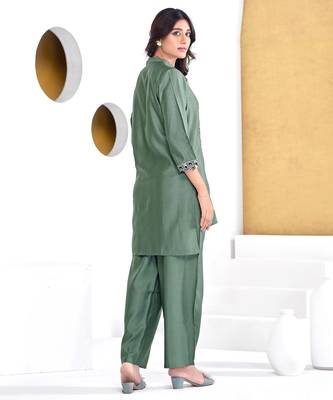 Olive cotton embroidered Co-ord set  2