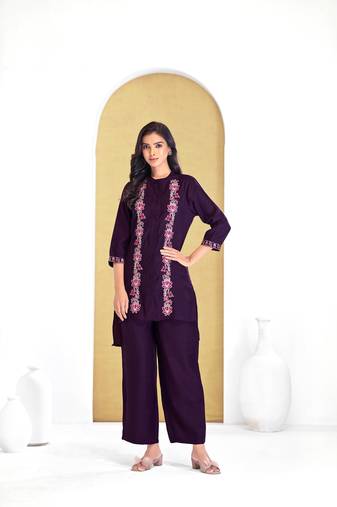 Purple cotton embroidered Co-ord set 